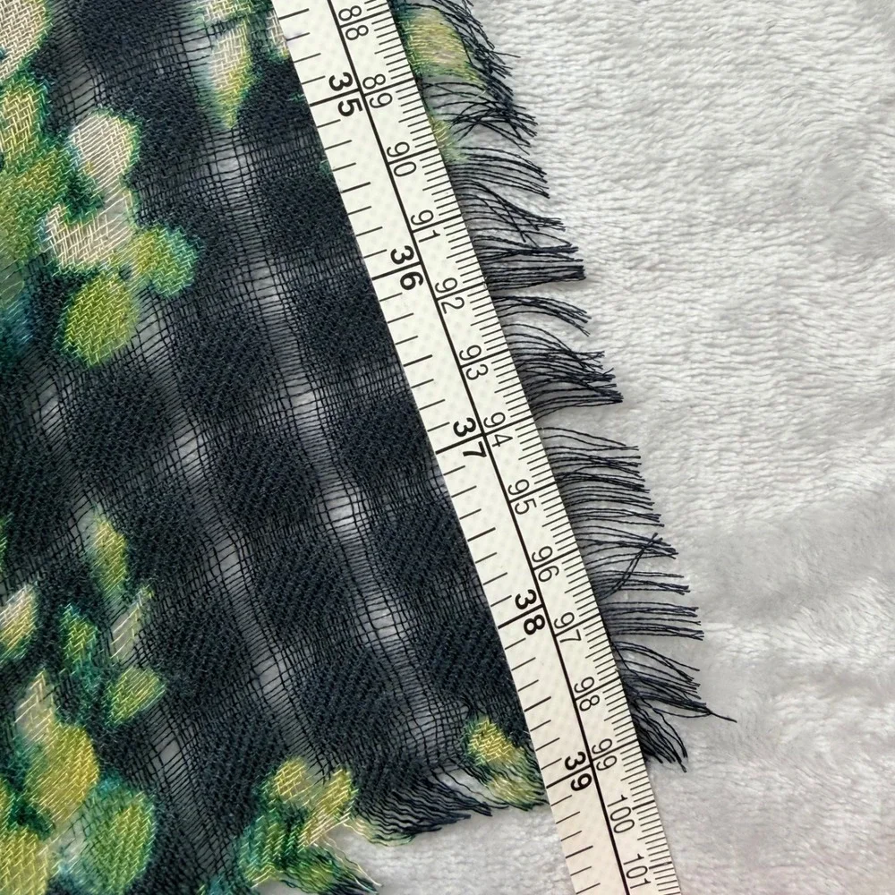 J. Jill Navy Blue Green Floral Fine Knit Square Scarf Eyelash Fringe 39x39